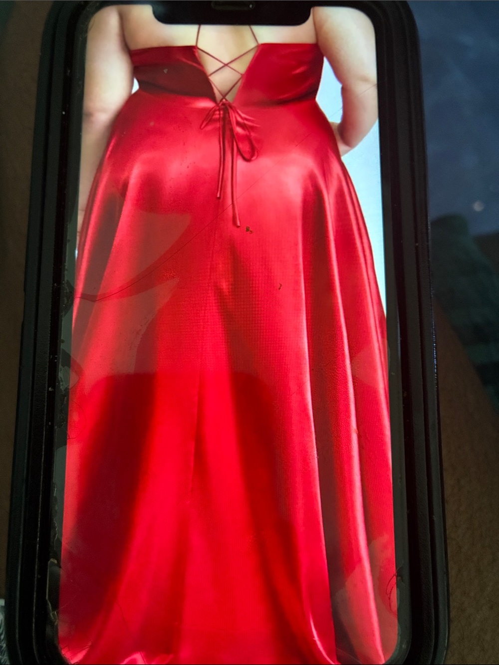 Red Satin Lace-Up Back Evening Gown